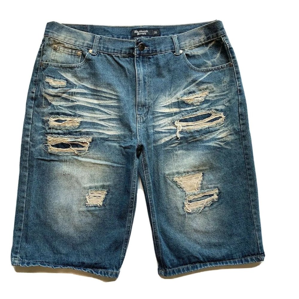 Diamond Stash Jean Denim Shorts Mens 38 Distressed Whiskered Faded Embroidered‎
